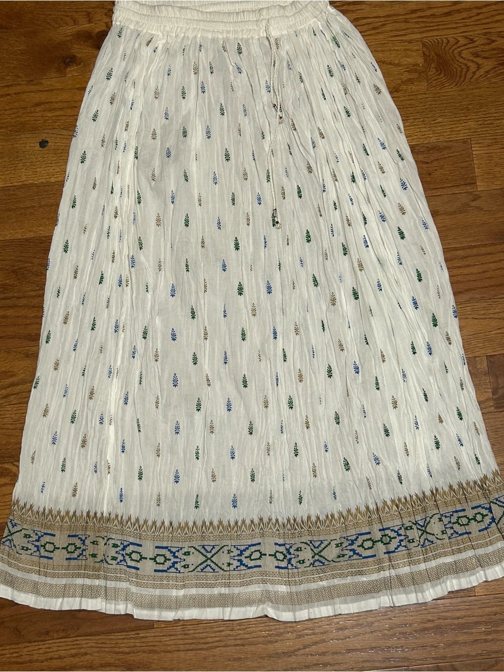 White Maxi Skirt with Green, Blue & Tan Embroidery